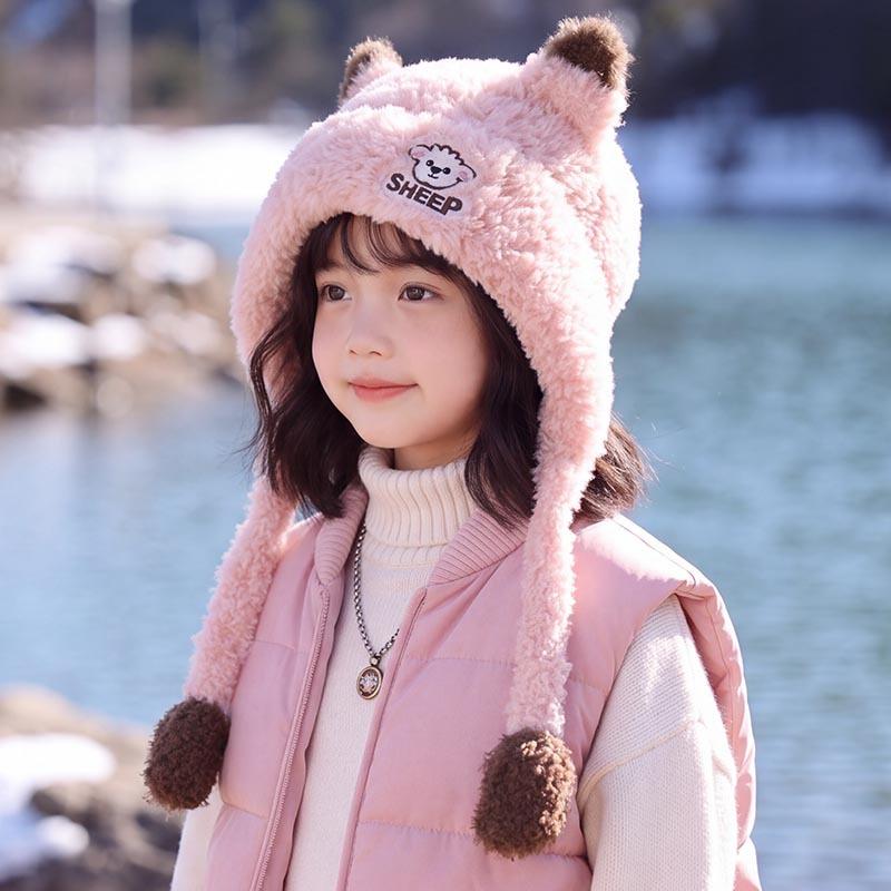 Children's autumn and winter plush ear hats, cute lamb ear hats, thickened warm baby cold-proof pullover hats for boys and girls