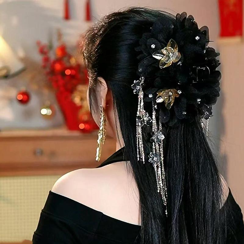 Универсальная заколка для волос с цветком, кисточкой из пайеток, зажим-акула для женщин, девочек, ретро заколка-коготь для волос, элегантные цветочные аксессуары для волос, подарок