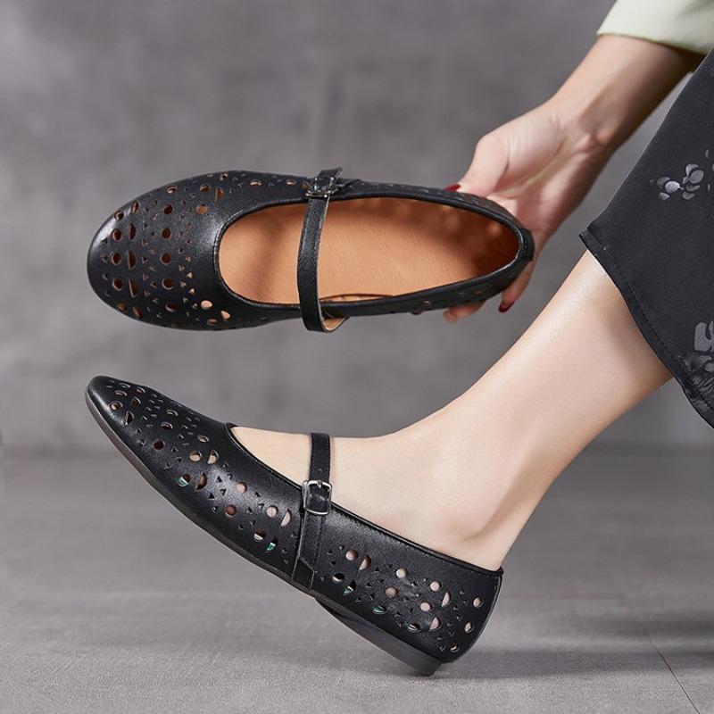 Туфли Мэри Джейн с вырезами для женщин весна и лето, круглый носок, мелкий вырез, мягкая плоская подошва, балетки