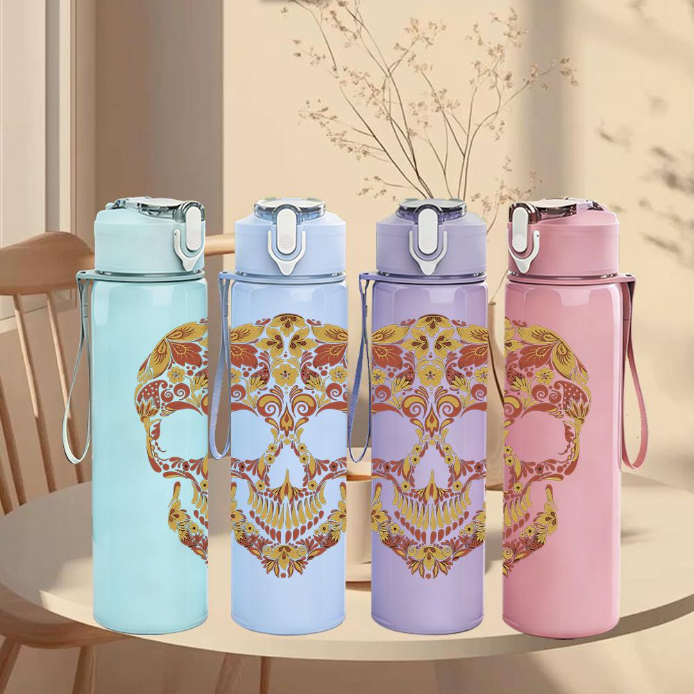 1PC Ornate Floral Skull Retro Art Print 750ml Portable Sports Water Bottle Leakproof Gym Outdoor Travel Drink Cup