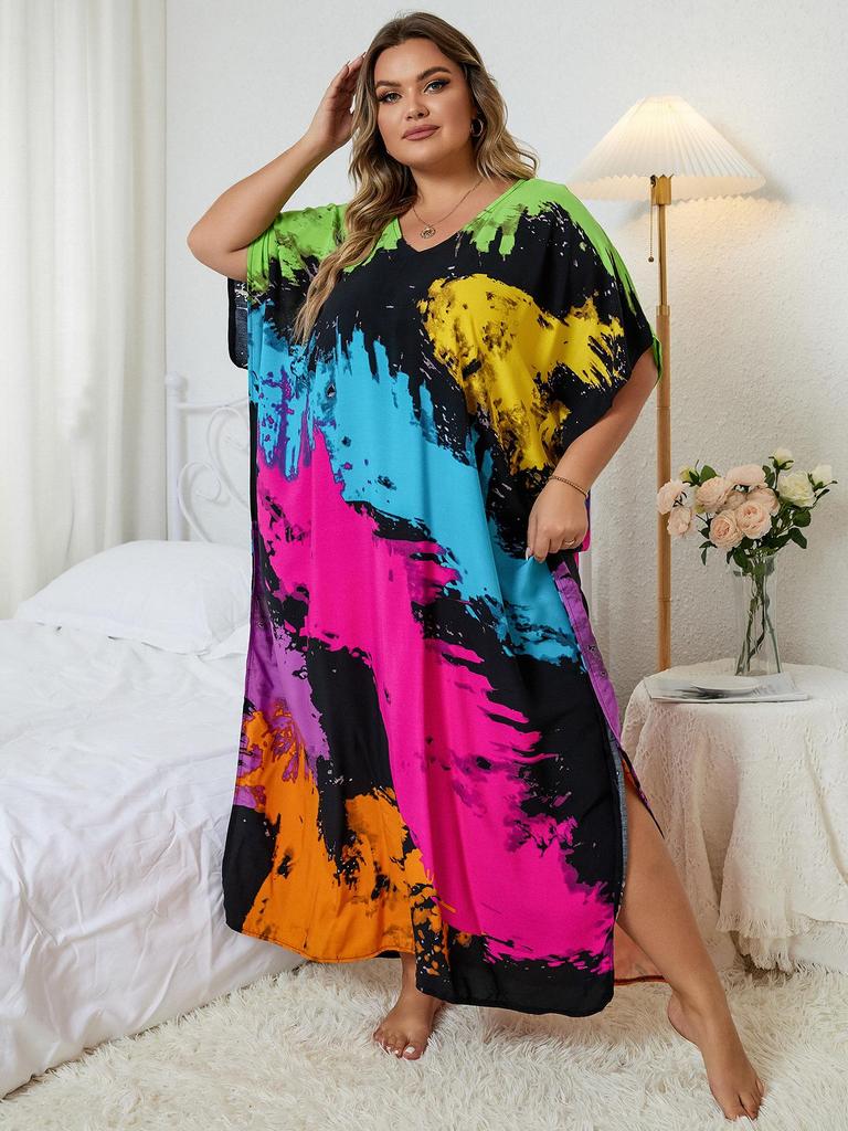 European-American Rayon Print Plus Size Beach Cover-Up Dress & Long Robe