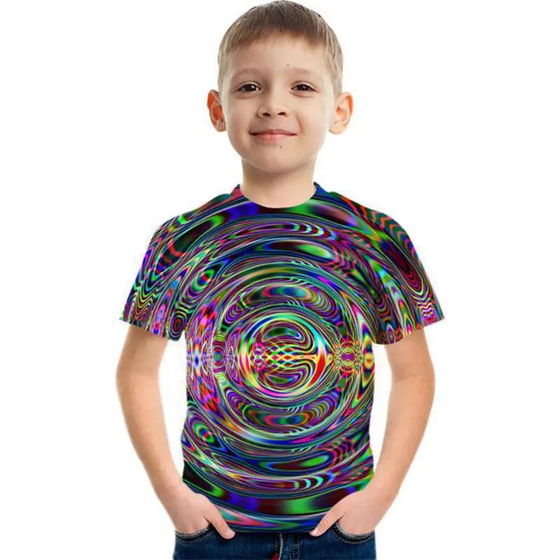 Летний топ с круглым вырезом, 3D геометрическим граффити-принтом, модный, повседневный, с коротким рукавом, детская футболка для мальчика