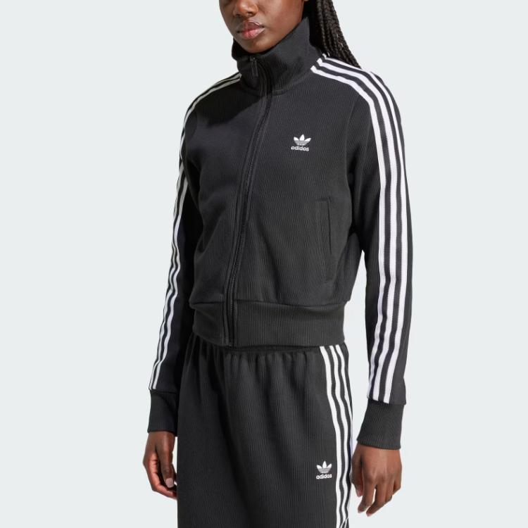 Adidas Originals Zipper Fashion Striped Casual Retro Sports Stand Collar Jacket Women Jacket Black IY7278