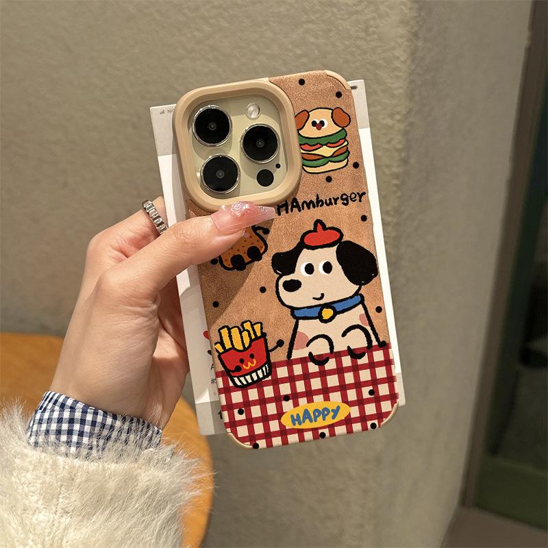 Hamburger French Fries Plaid Puppy Suede Autumn and Winter Women's Lanyard for Apple 17Promax/Air Mobile Phone Case