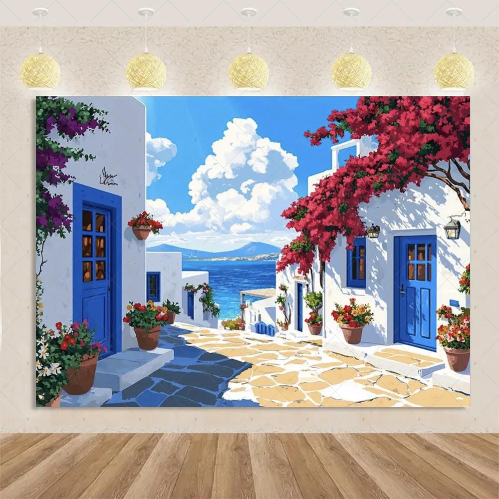 Nordic Greek Landscape Home Party Decorations Santorini Island Town Blue Dome Church Santorini Aegean Sea Photography Backdrop