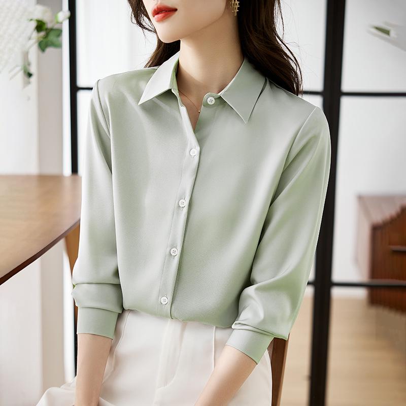 Women's Ash Blue Satin Long Sleeve Shirt - Retro Hong Kong Style, Spring Commute, Concealed Placket, Versatile Drapey Blouse
