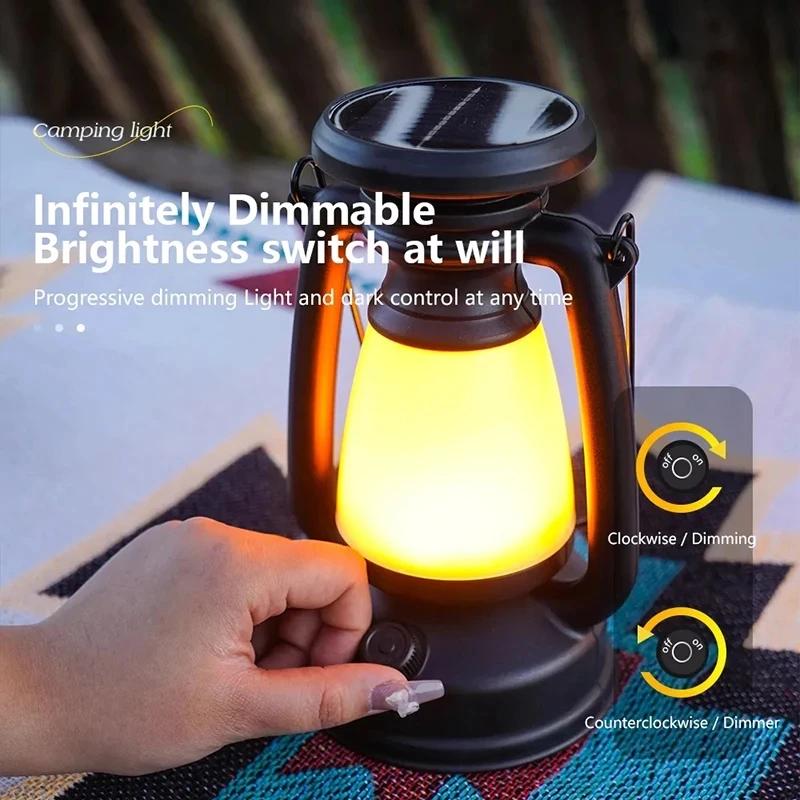 Retro Solar Camping Lights USB Rechargeable LED Portable Lantern Waterproof Outdoor Hanging Emergency Tent Atmosphere Horse Lamp