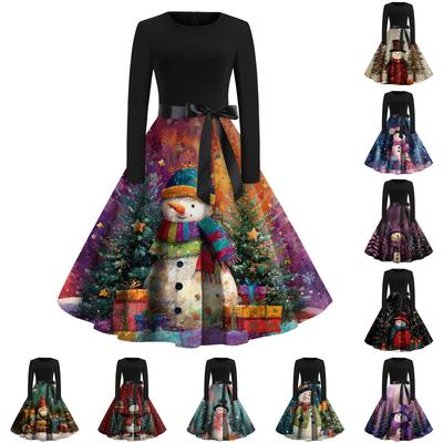 Женское модное повседневное платье приталенного кроя с круглым вырезом, рождественским принтом и длинными рукавами