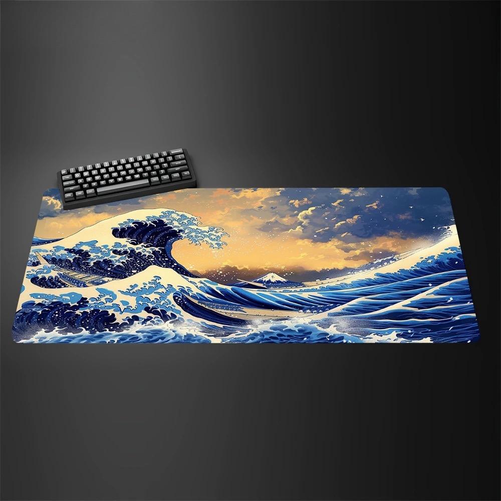 Alfombrilla De RatN Xxl De 90x45cm DiseO De Olas Gigantes En Blanco Y Negro Antideslizante De Cuero Para Juegos Anime Es