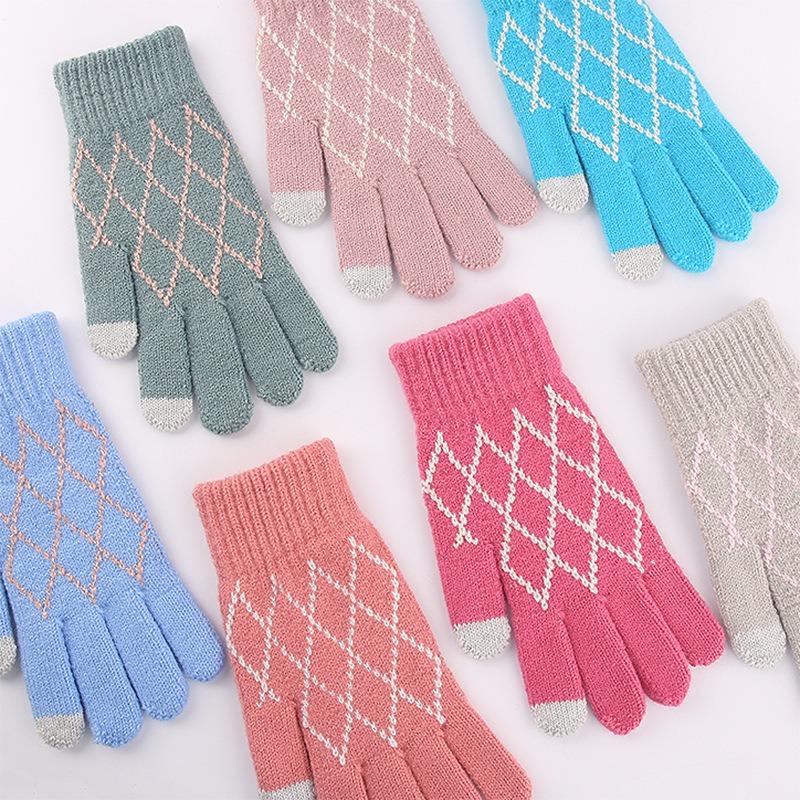 Теплые шерстяные перчатки с сенсорным экраном Зимние женские жаккардовые флисовые утолщенные пальчиковые вязаные перчатки лоток