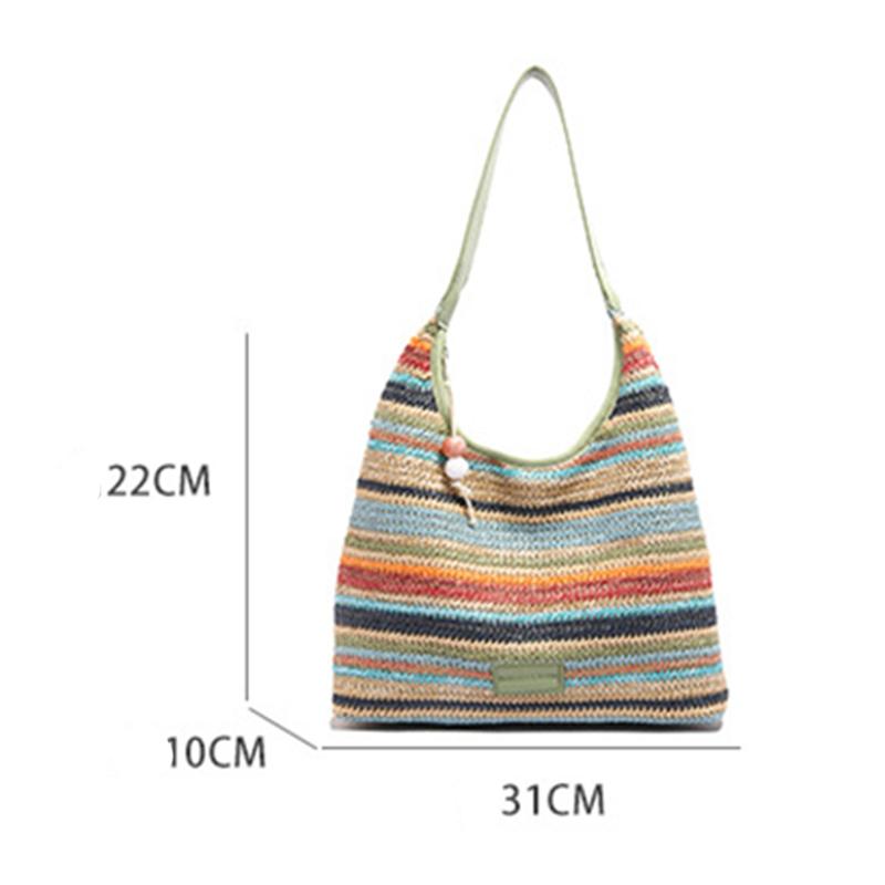 Chic Striped Woven Shoulder Bag for Girls Women Large Capacity Summer Beach Straw Tote Bag for Everyday & Vacation Use KTY