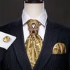 Gold Ascot with Brooch for Men Paisley Silk Cravat Tie Hanky Handkerchief Cufflinks Set for Wedding Formal Designer