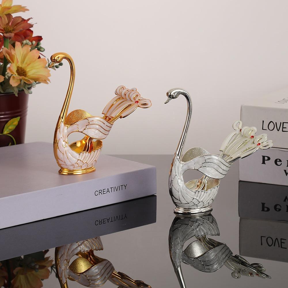 6 Pieces Coffee Spoon Set Swan Base Holder Stainless Steel Spoons Dessert Spoon Set Fruit Dessert