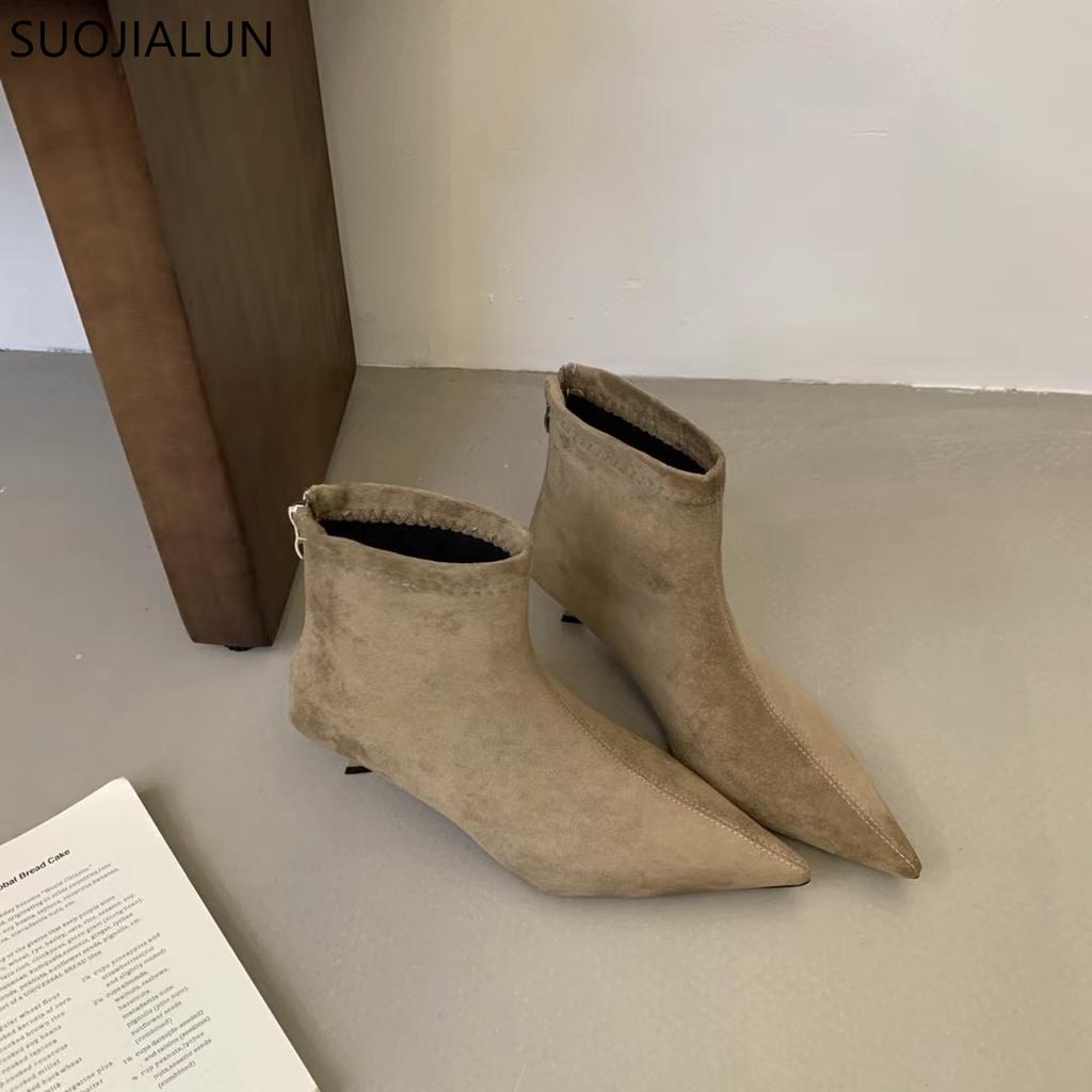 SUOJIALUN  Winter New Brand Women Short Boots Fashion Pointed Toe Ladies Elegant Ankle Boots Thin High Heel Dress Pumps Shoe