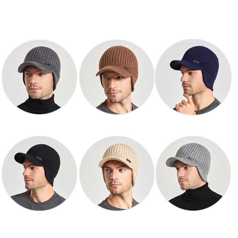 Зимняя вязаная шерстяная кепка, мужская бейсболка, уличная теплая шапка с защитой ушей, козырек, мужская утолщенная шапка с наушниками
