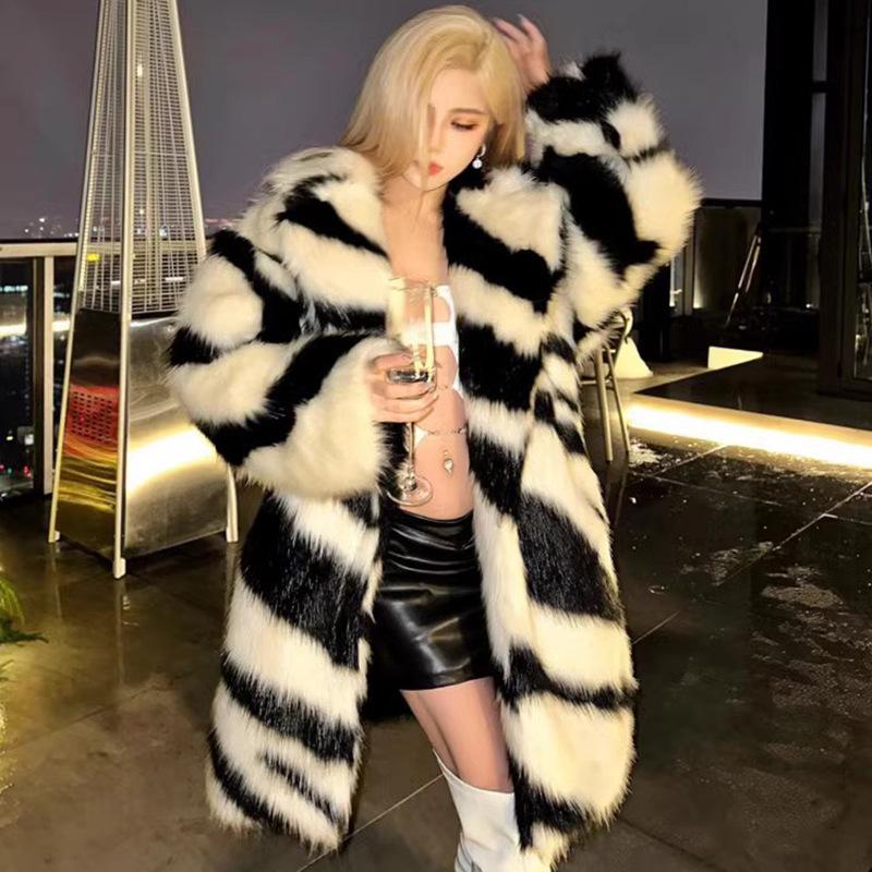 Women's New Spice Girl Sexy Zebra Pattern Environmentally Friendly Fur Coat Imitation Fox Hair Medium and Long Coat Temperament Winter Thick