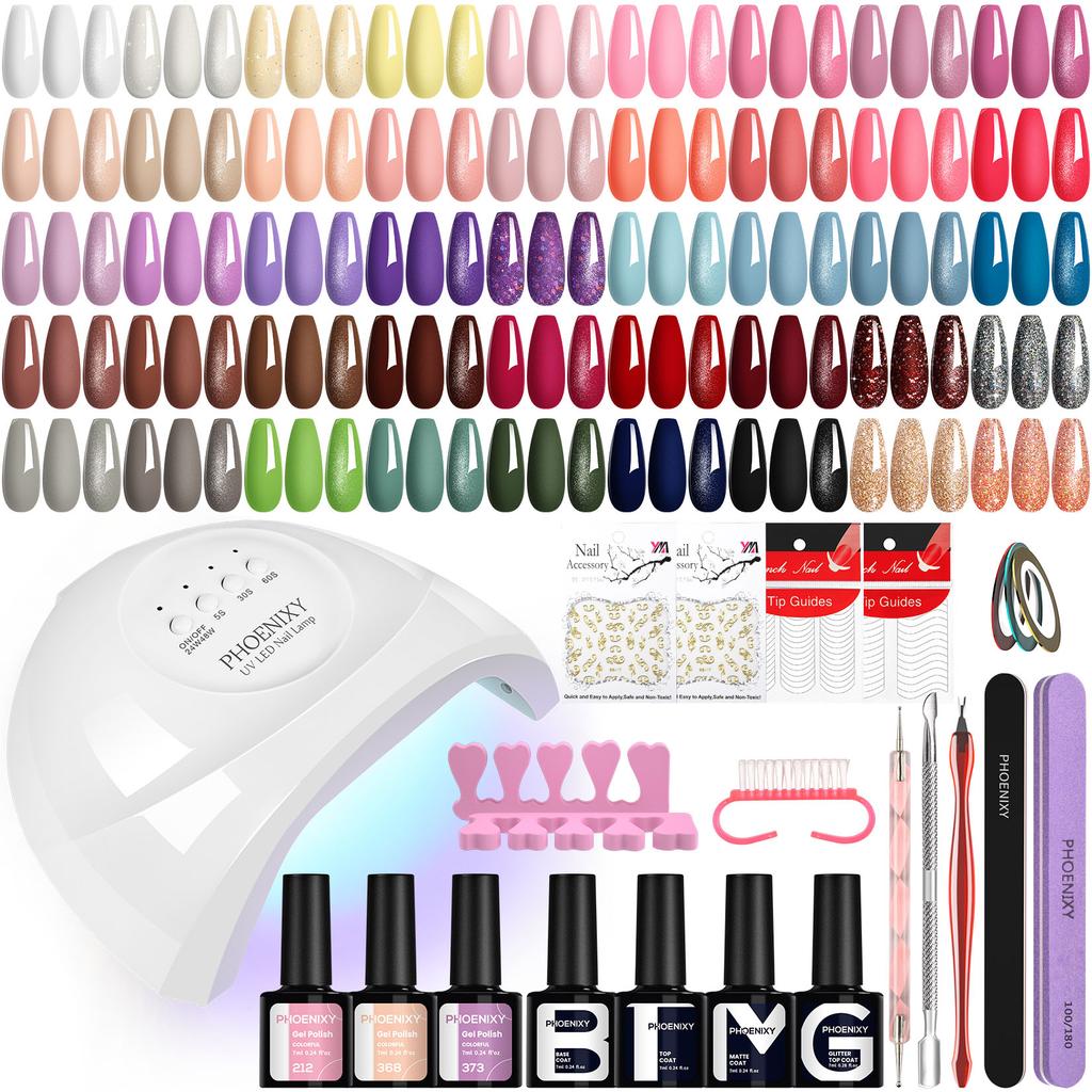 Набор гель-лаков PHOENIXY с УФ-лампой 48 Вт, 45 шт., 135 шт., набор гелевых ногтей с эффектом, основа, блестящее верхнее покрытие, маникюрные инструменты, подарки для женщин