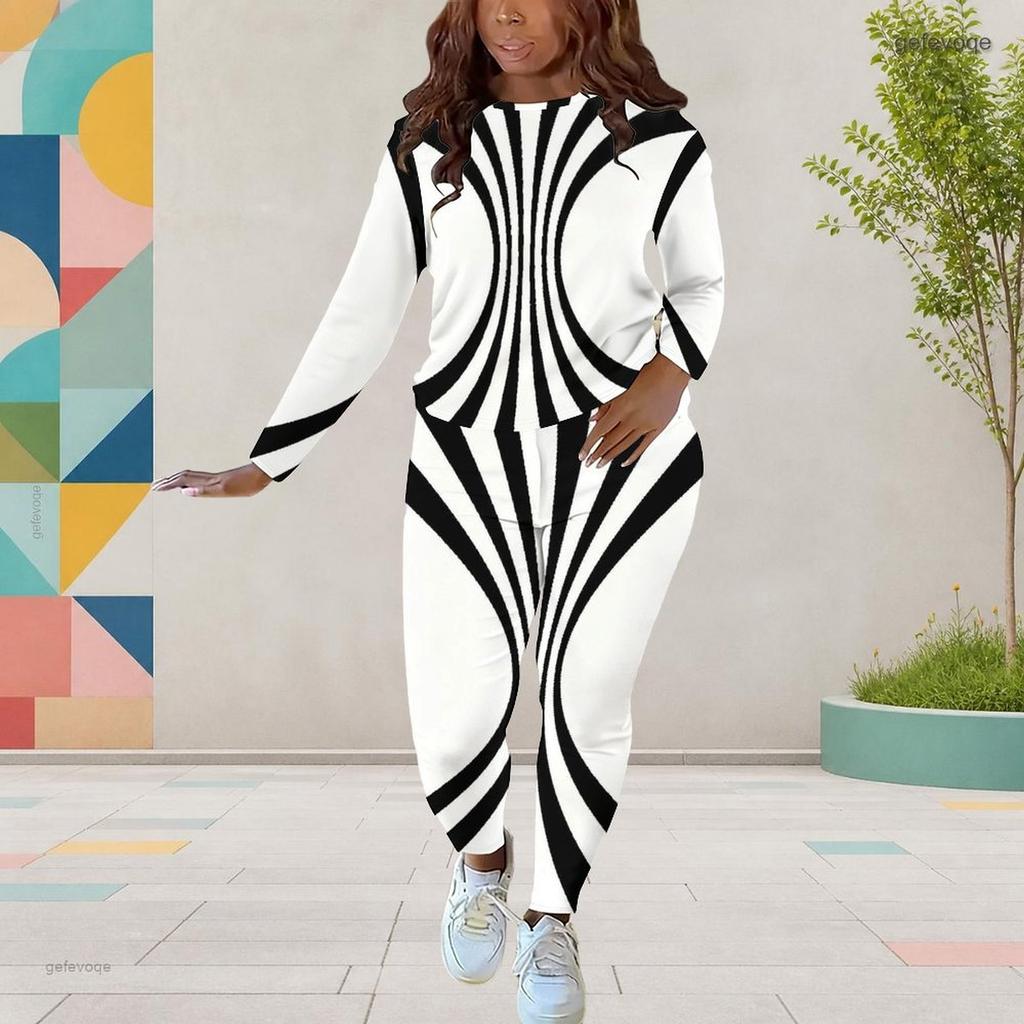 Women Plus Size Black White Printed Two Piece Set Round Neck Long Sleeve Top Fitted Pants