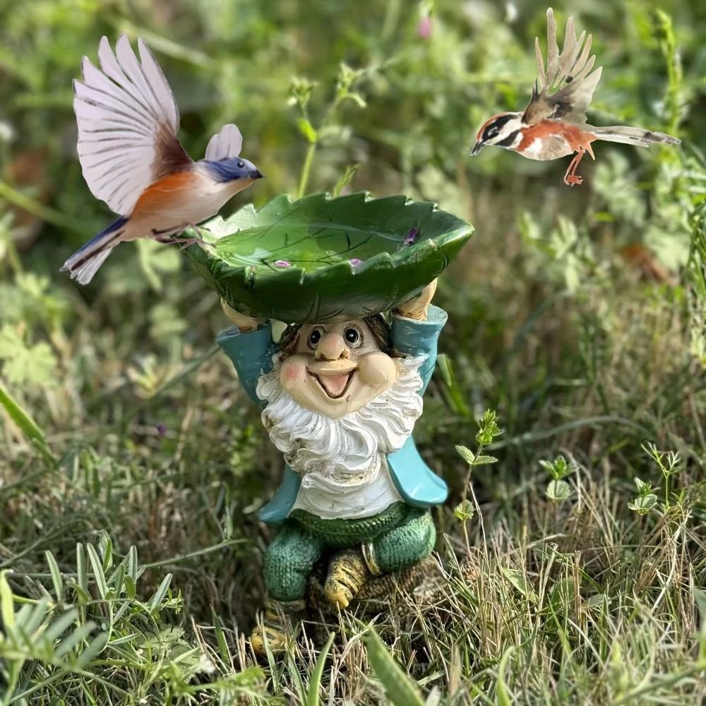 Cartoon Bird Feeder Holding Leaves Bird Bath Unique Dwarf Sculpture  Porch