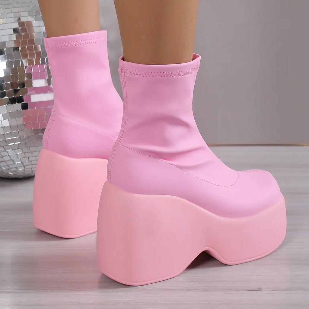 New Brand Gothic Boot for Womens Sexy Chunky Platform Soft Leather Ankle Boots Walking Comfy Matsuke Sole Shoes Size 42