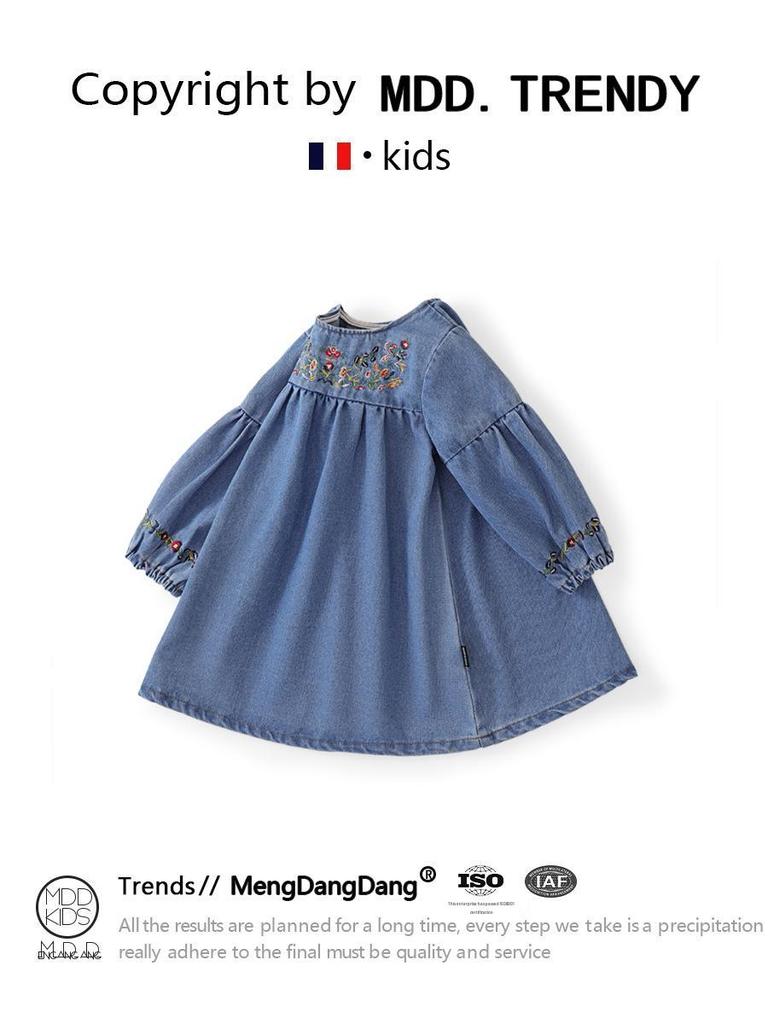 MDD 2024 Милое джинсовое платье с вышивкой в виде цветов, с длинным рукавом для девочек
