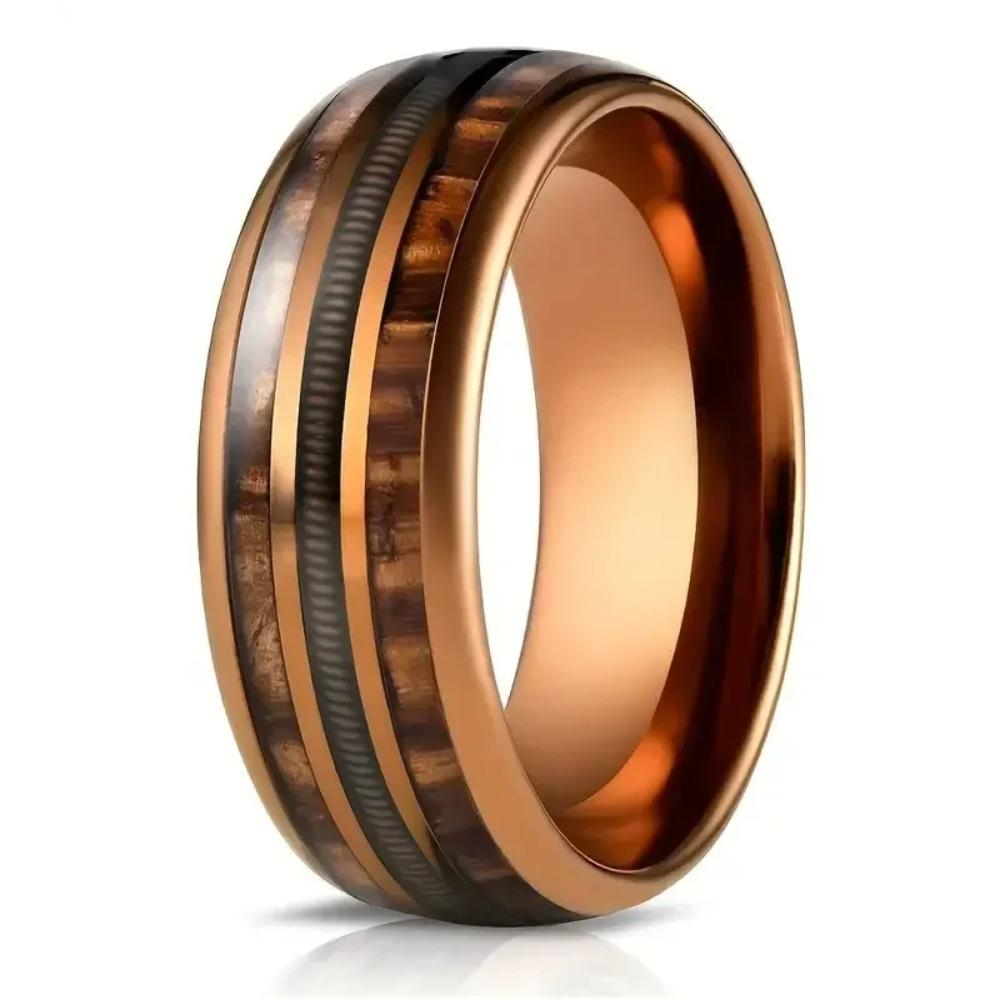 Coffee Color Rose Golden Ring Guitar String Stainless Steel Ring Inlaid Whiskey Barrel Wood Grain Ring for Men Engagement