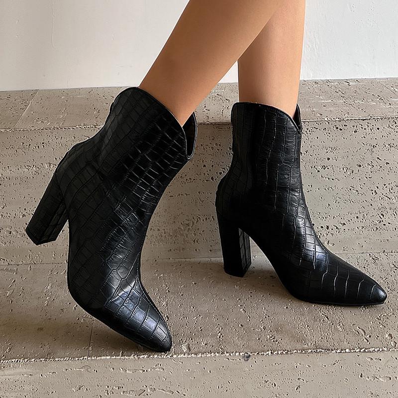 Women's High-heeled Short Boots Autumn and Winter New Solid Color Crocodile Pattern Thick Heel Large Size Pointed Short Boots