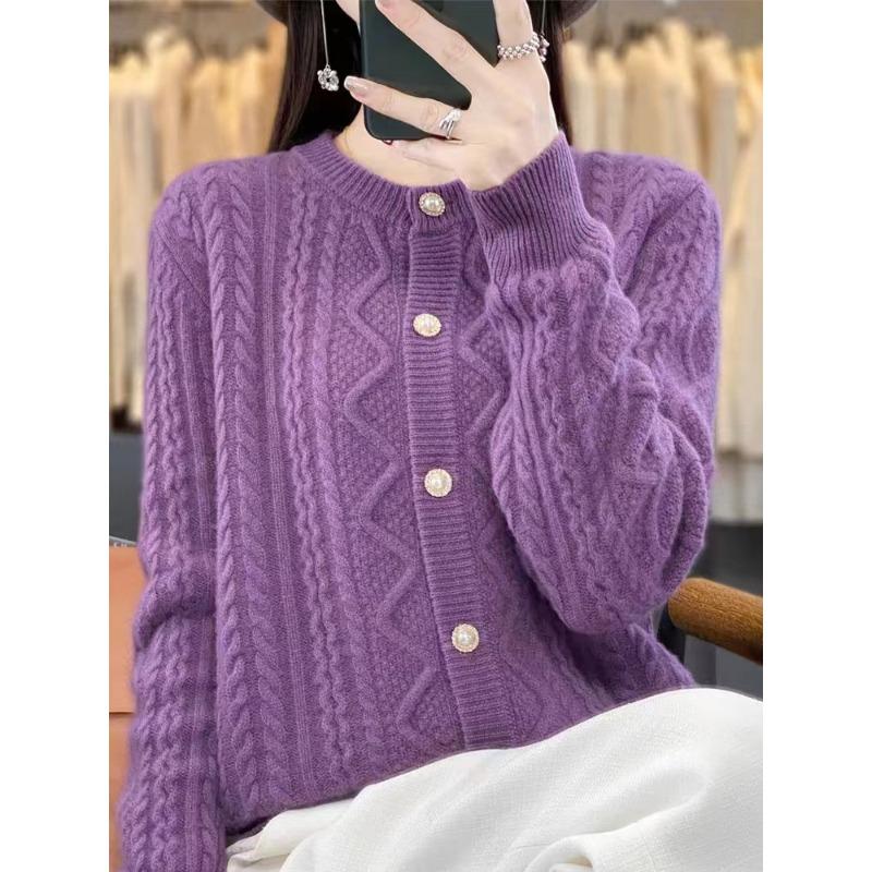 Весенний круглый вырез жакет с закруткой длинный рукав воротник стойка однотонный вязаный кардиган