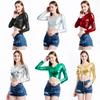 Womens Shiny Metallic Long Sleeve Tops Cross Wrap V Neck T-Shirt Tee Top for Dance Club