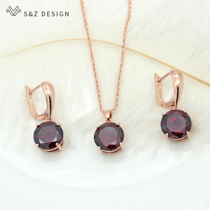 Fashion Classic Big Round Cubic Zirconia Drop Earrings Jewelry Sets For Women Wedding Rose Gold Color Pendant Necklace