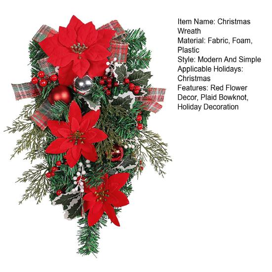 Рождественский венок с красным цветком, клетчатый шар с бантом, многоразовый праздник, внутреннее наружное окно, передняя дверь, подвесная искусственная гирлянда, лестница