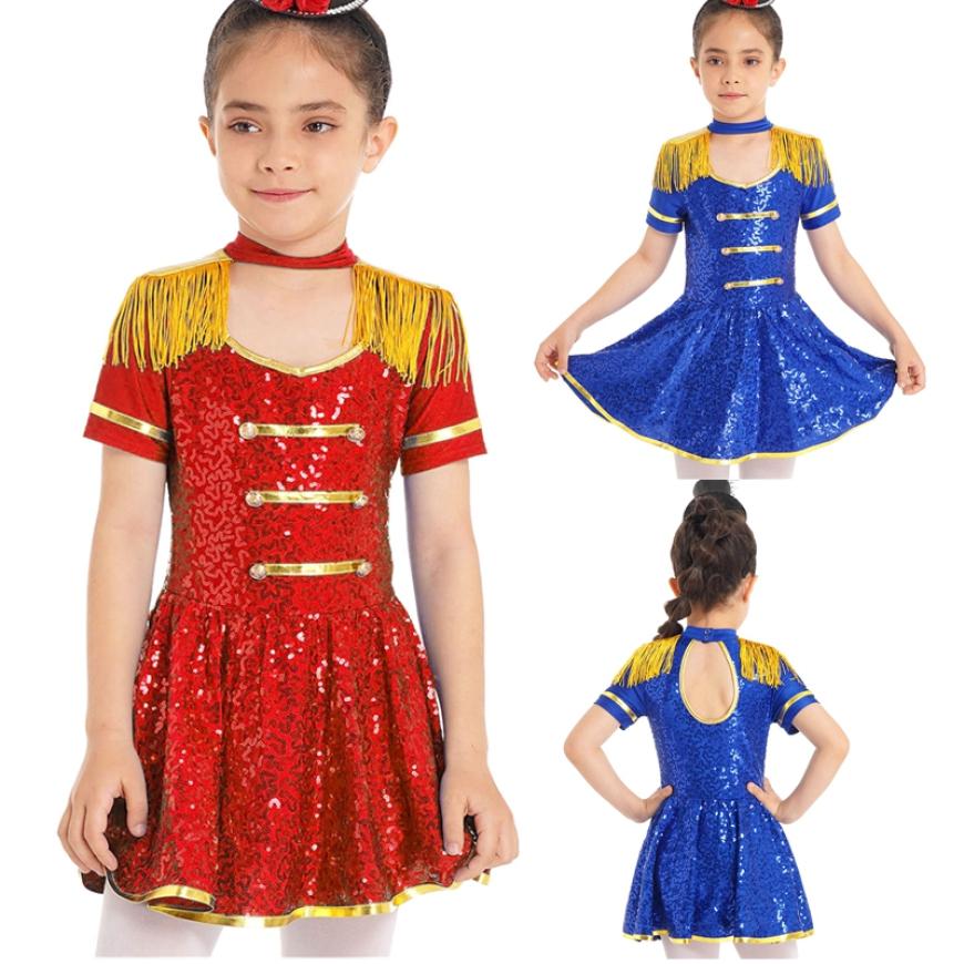 Костюм для девочек, платье с короткими рукавами для выступлений, барабан, мажоретка, карнавальный костюм на Хэллоуин, цирк, нарядное платье