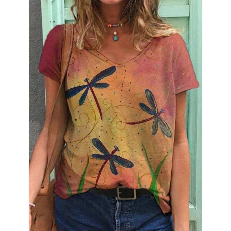 Summer Butterfly Dragonfly 3dV Neck Printed New Women's Top T-shirt