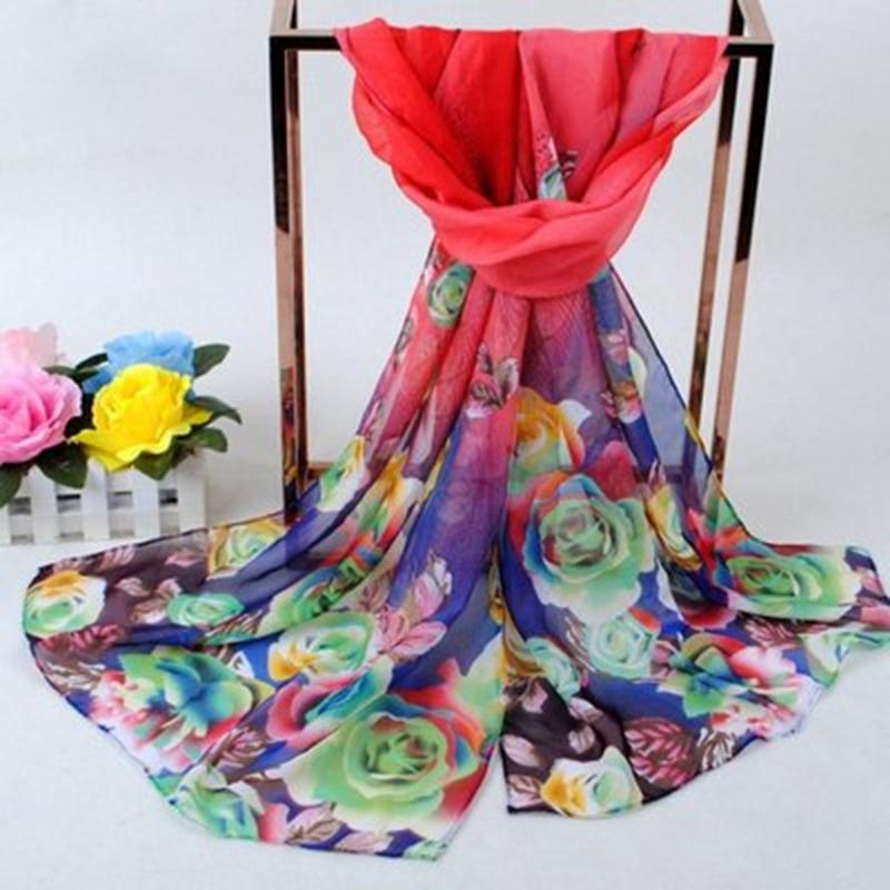 Autumn Peacock Feather Rose Chiffon Long Silk Scarf Women's Small Scarf EMA