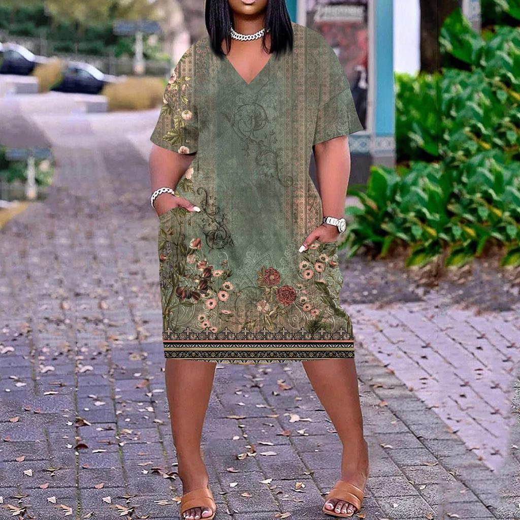 Лето плюс размер V-образным вырезом с короткими рукавами и карманами до колена с принтами повседневное платье для женщин