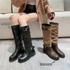 Ma Sichun of the Same Style~ Height Increase 4CM Fashionable Buckle with Round Head Splicing Thick Heel Knight Boots Women's Pile Knight Boots