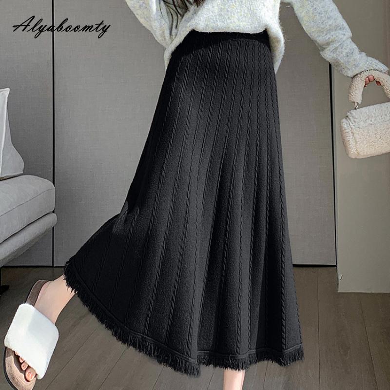 Корейская мода, осенне-зимняя женская юбка-миди с высокой талией, серая, черная, абрикосовая, кофейная, толстая теплая юбка, элегантная женская юбка с кисточками, женские юбки