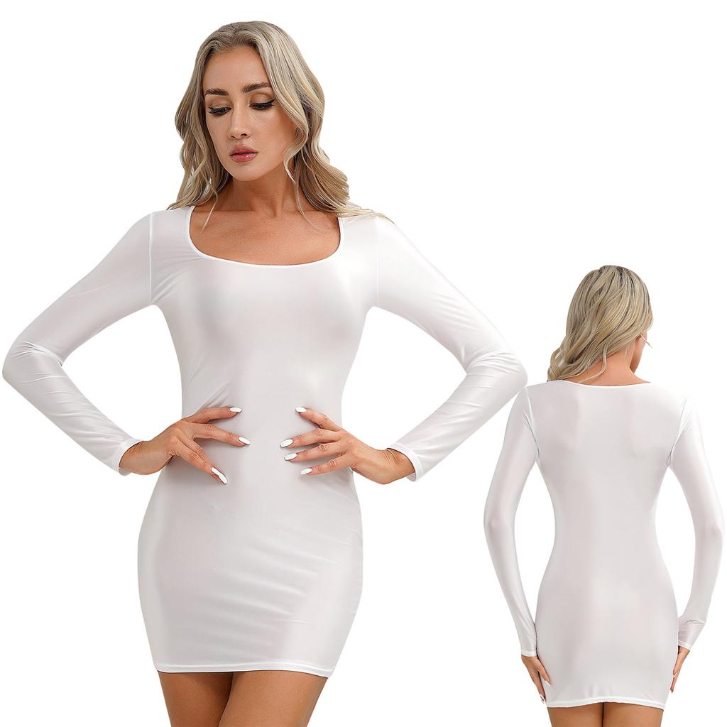 Women's Long Sleeve Bodycon Tight Pencil Dress Oil Glossy Sheer Micro Mini Dress Clubwear