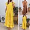 Women Dress Pleated A-line Side Color Neck Loose Solid Sleeveless Round Breathable Soft Pockets Ankle