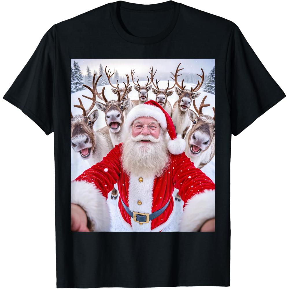Funny Santa Claus Christmas Reindeer Selfie Xmas Snow TShirt Women Unisex Merry Christmas Graphic T Shirts Oneck Cotton Tops Tee