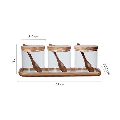 Главная Стеклянная банка для специй Набор из трех предметов Кухонные принадлежности Коробка для приправ Деревянная крышка Ложка Прозрачный контейнер для специй Инструменты для специй