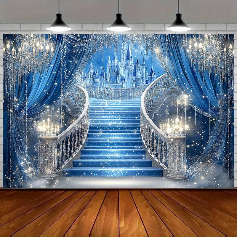 2D, 1 piece of dazzling and magical blue castle staircase background fabric, showcasing elegant and mysterious beauty
