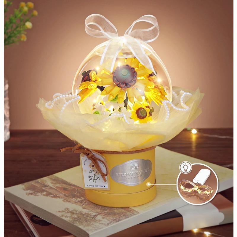 Mini Blocks Lighted Flower Bouquet Building Toys DIY Bricks Puzzle Girls Flowers Gift for Women Lover Home Decor