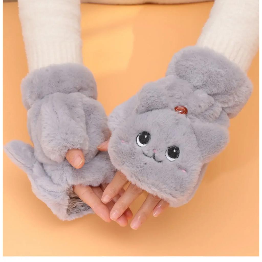 Women Winter Plush Cat Mittens Fingerless Gloves Plush Warm Glove Winter Soft Thick Gloves for Women Girl Flexible Half Finger