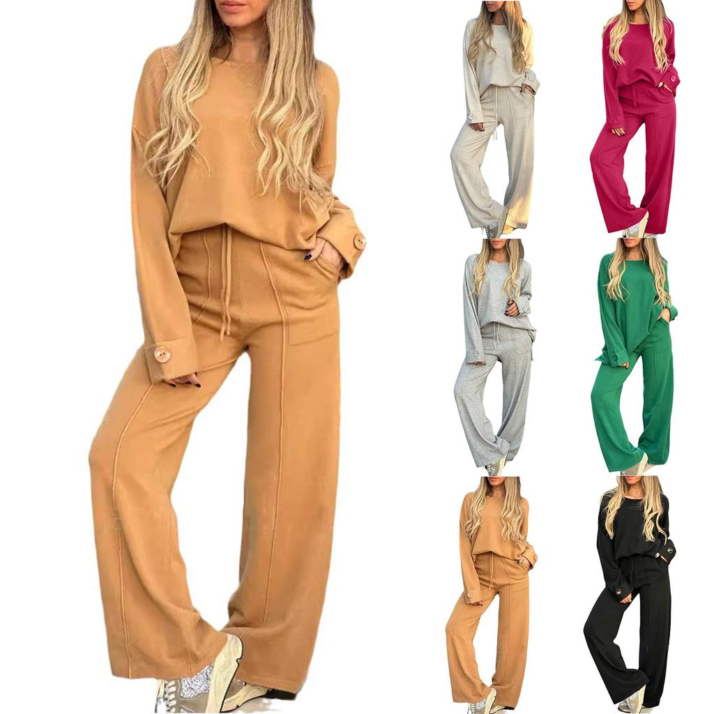 Женская мода повседневная с длинным рукавом широкие длинные брюки комплект из двух частей свитшот с длинным рукавом