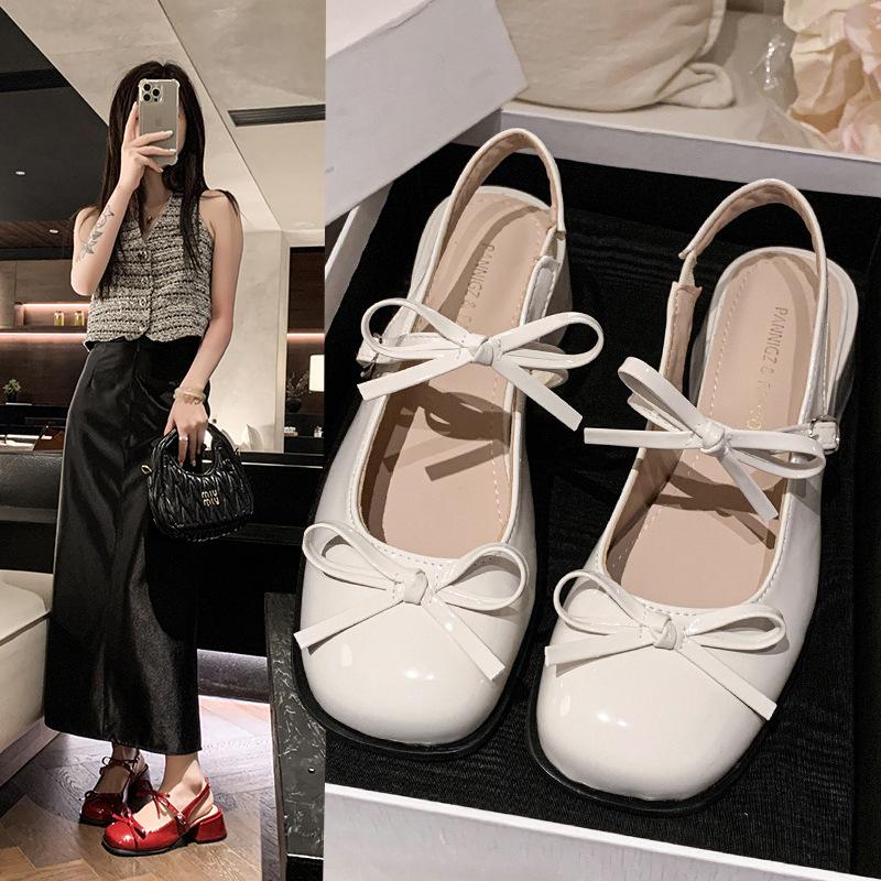 Модные горячо продаваемые 2025 босоножки на блочном каблуке  Новый круглый носок с неглубоким вырезом и бантом на одном ремешке, противоскользящие, износостойкие, с закрытым носком, на каблуке-рюмочке