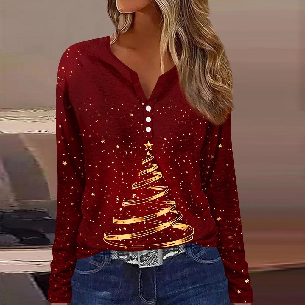 Женская футболка с пуговицами и рождественским принтом, длинный рукав, повседневная, выходного дня, модная, базовая, с V-образным вырезом, обычная