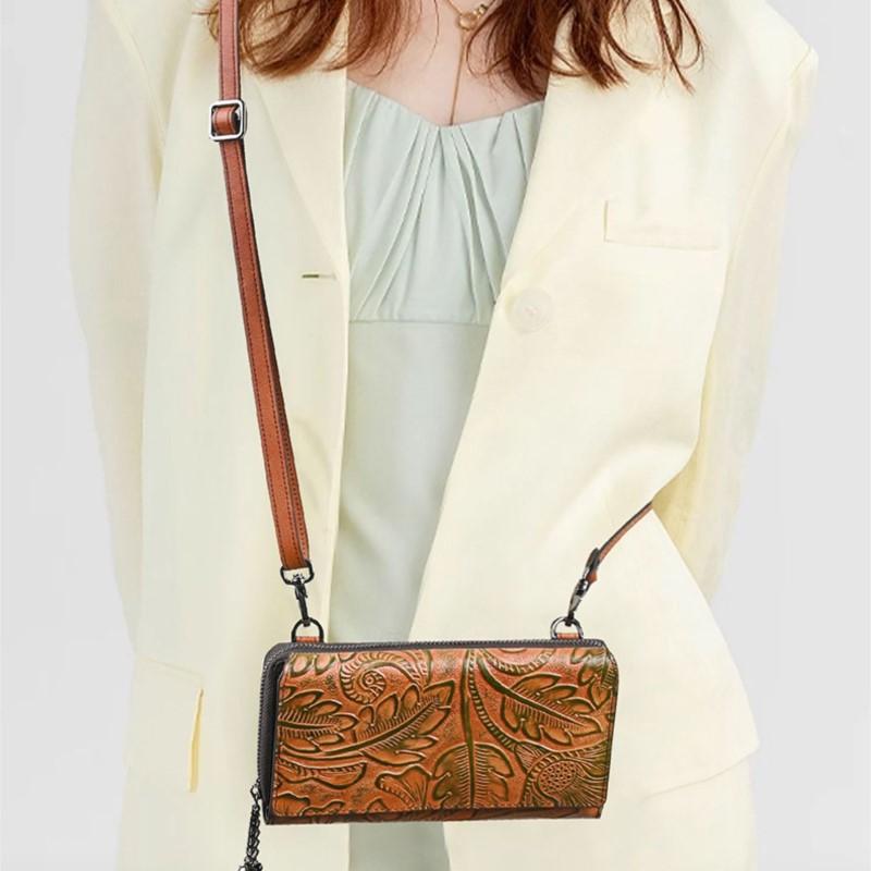 Johnature Сумка для телефона Ретро Тисненый Большая вместимость Мультикарта Женский кошелек Универсальная Маленькая сумка через плечо