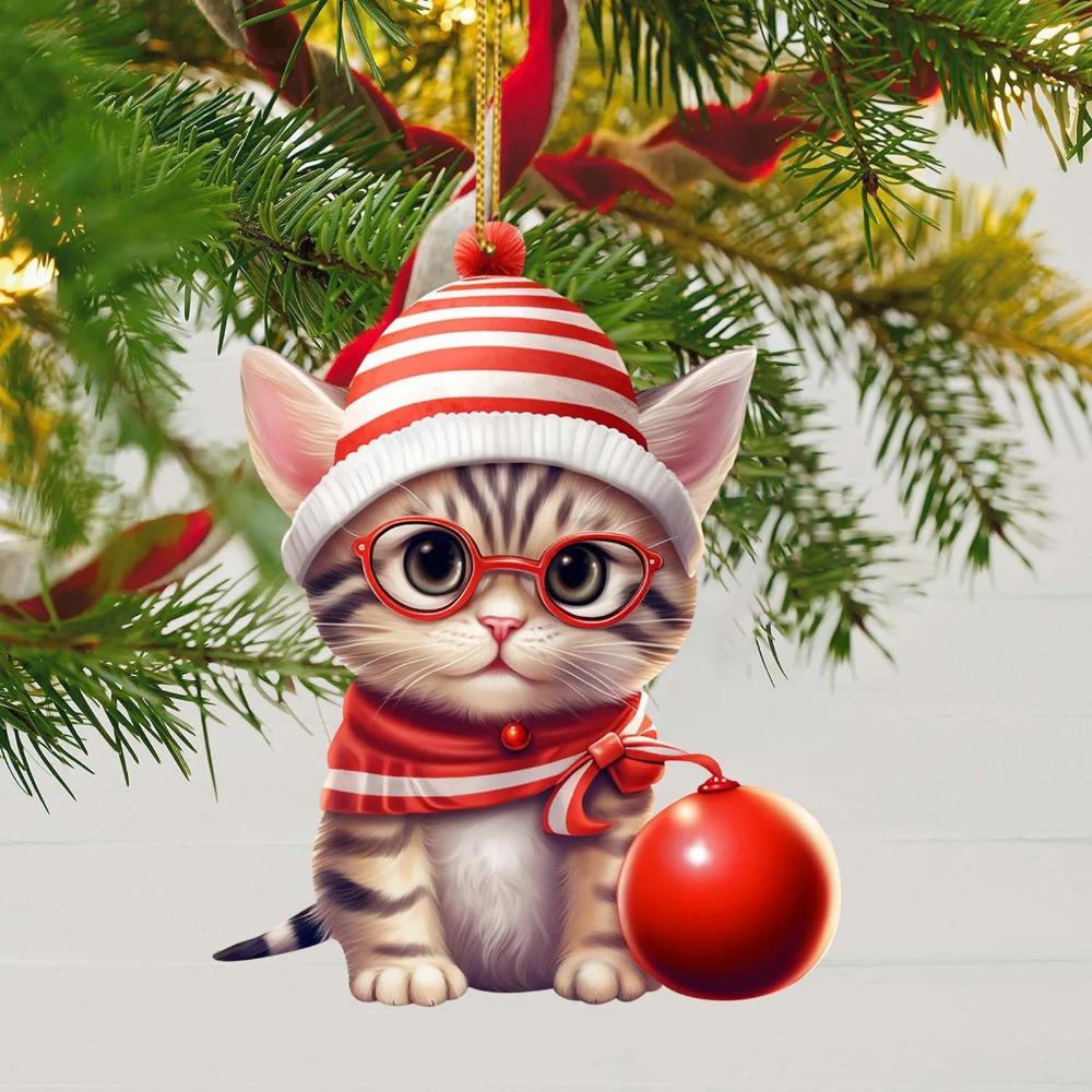 2D Christmas Cat Pendant Acrylic Flat Christmas Tree Decorations Cat Car Pendant Decorative Cat Xmas Hat Ornament New Year Gift