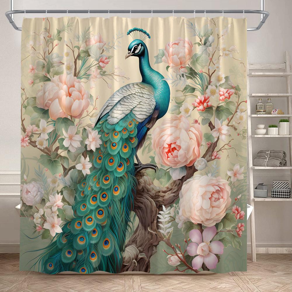 Blue Peacocks Shower Curtains Forest Trees Plants Flowers Waterfall Scenery Polyester Fabric Bathroom Curtain Decor With Hooks